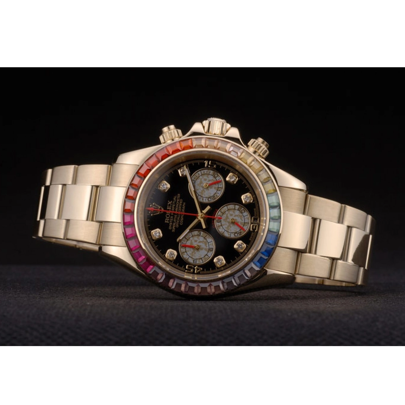 MiroTime 0719 Rolex Daytona Cosmograph Rainbow Crystals Bezel Rose Gold Strap Black Dial 80251